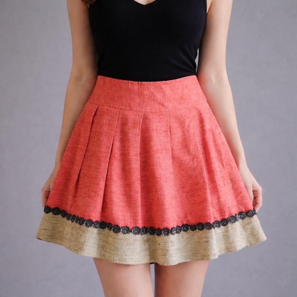 Trina Turk 100% Silk Tweed Mini Skirt | Size 6 - 30" Waist | Coral Sequin Hem